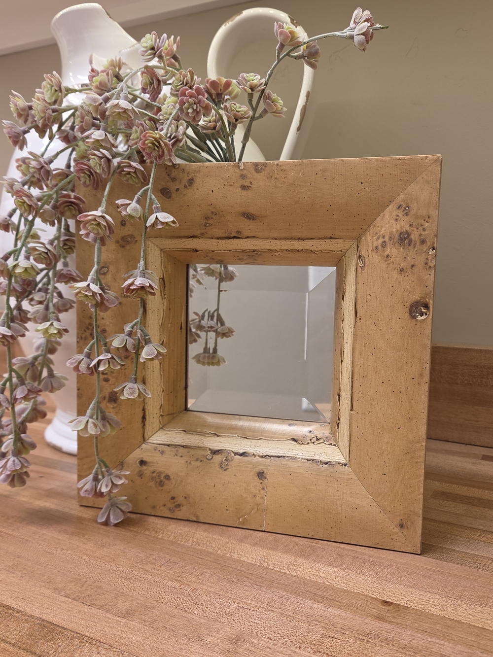 Pottery Barn Rustic Wood Square Mirror in Natural Wood Tone Burled Wood